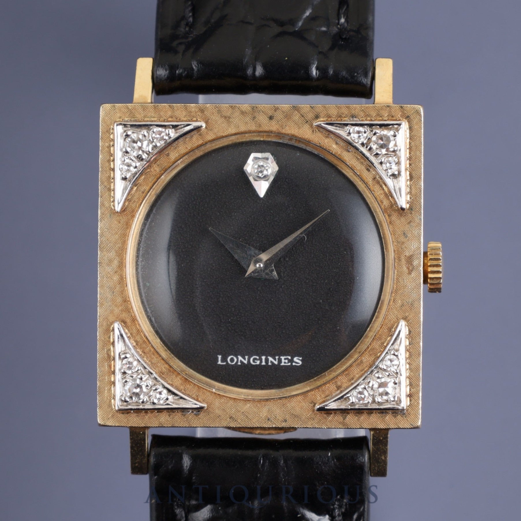 Longines Tuxedo Watch, Hand-wound, Cal.528, 14KT, Leather, Black Dial, 25.5 x 25.5mm, 1950s, Overhauled