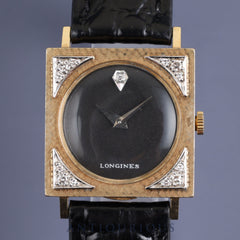 Longines Tuxedo Watch, Hand-wound, Cal.528, 14KT, Leather, Black Dial, 25.5 x 25.5mm, 1950s, Overhauled