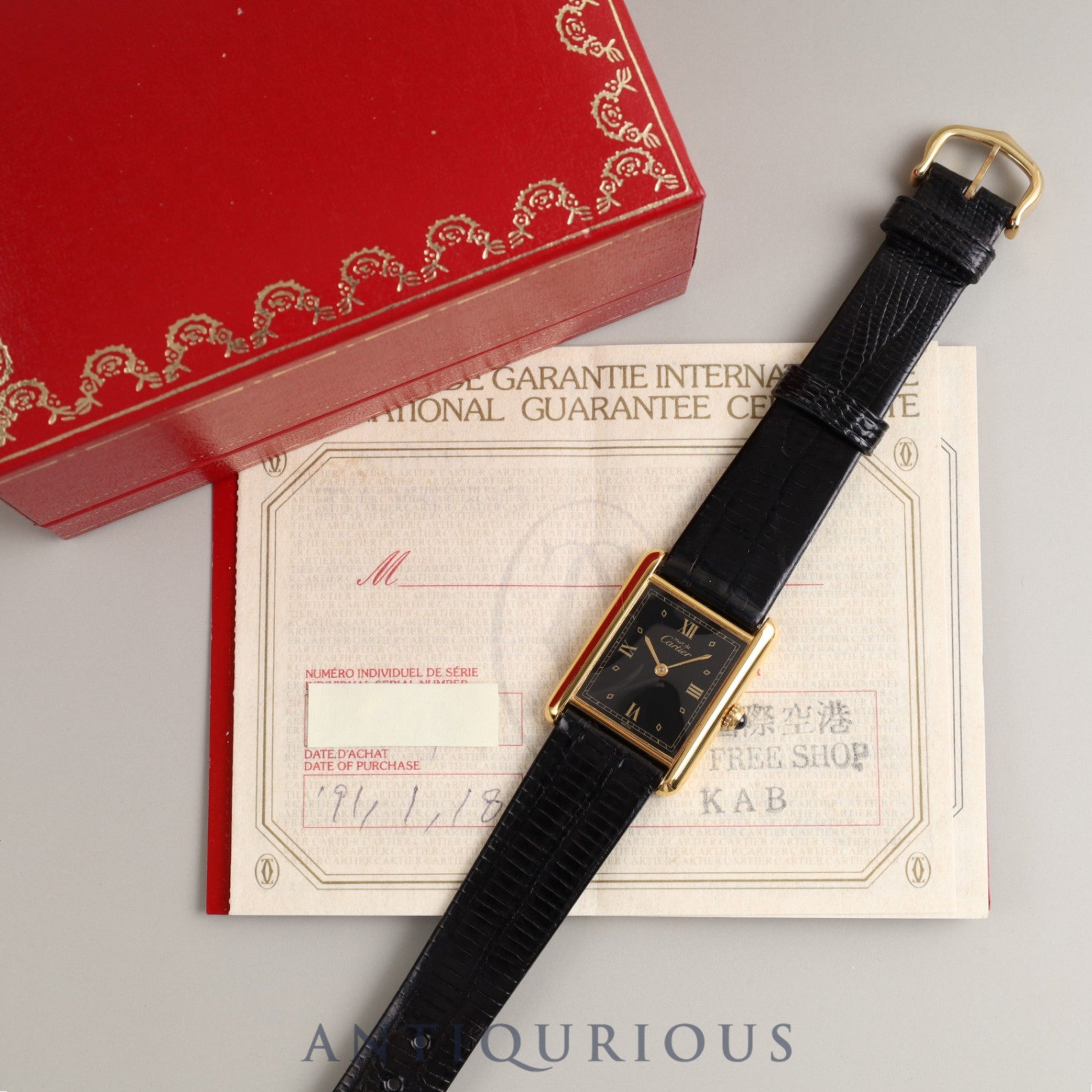 Cartier Must Tank LM QZ 590005 925 Leather Genuine Buckle (GP) Black Roman Dial Box Warranty (1991) Overalled