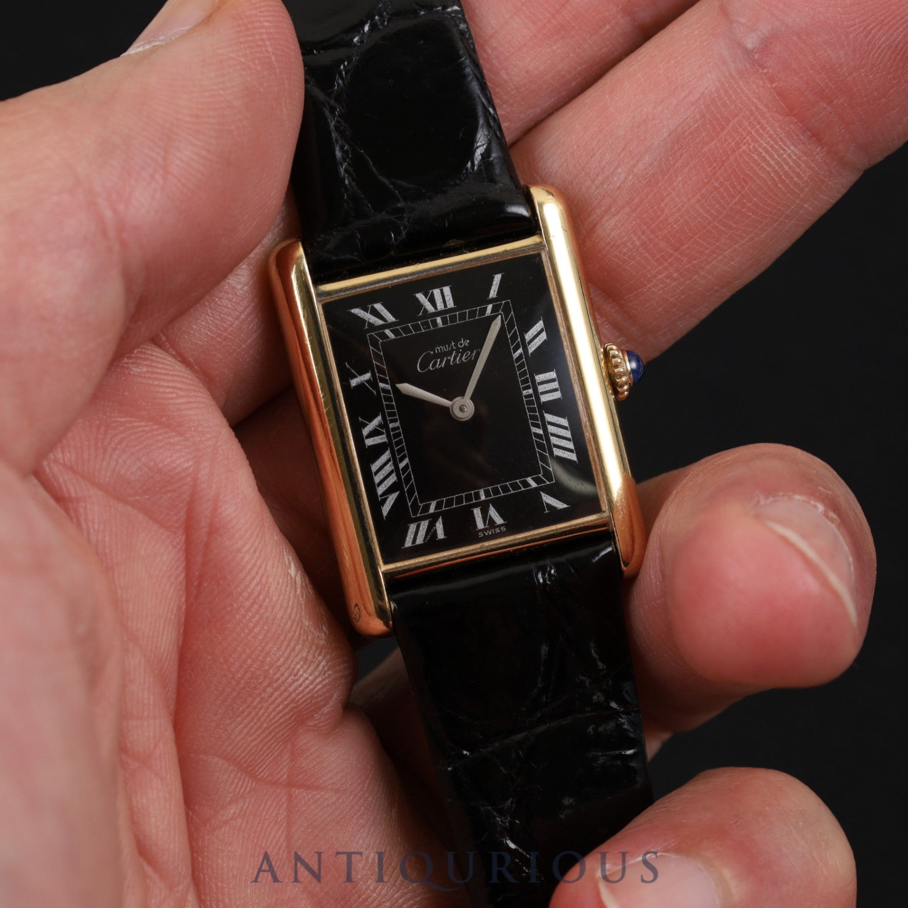 Cartier Must Tank LM 19749 o/w Hand-wound Cal.78-1 SV925 Leather Genuine buckle (GP) Black Roman dial Box Warranty (1980)