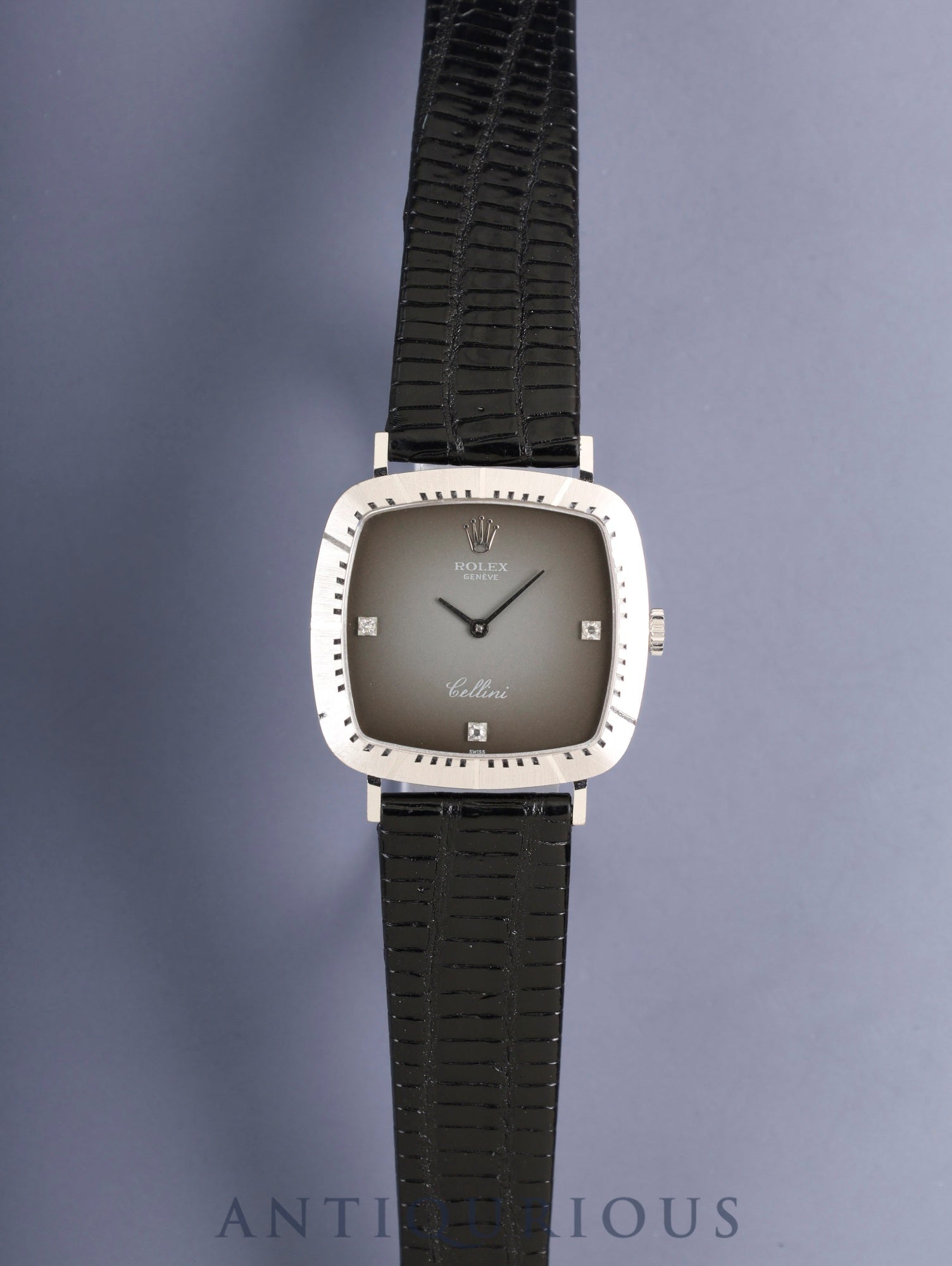 ロレックス チェリーニ 4084 手巻き Cal.1601 革 750WG 純正ピンバックル（SS）グレー3Pダイヤ文字盤 43番台（1975年）箱 保証書（1990年）オーバーホール済み