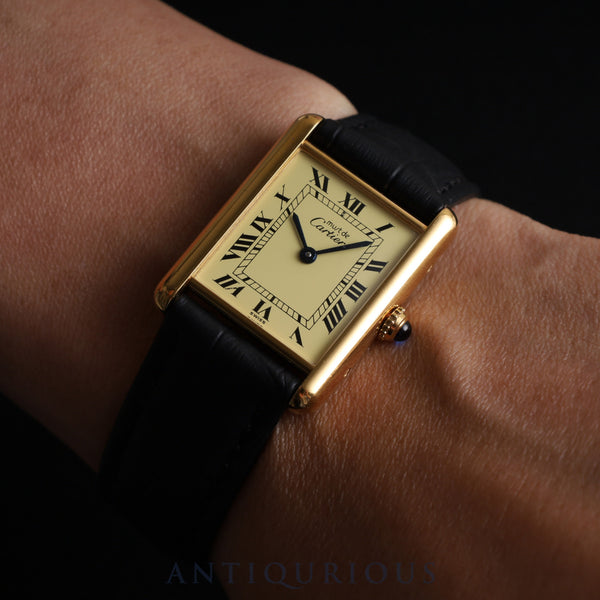 カルティエ マストタンク LM 590005 クォーツ SV925 革 純正尾錠（GP） アイボリーローマン文字盤 オーバーホール済み