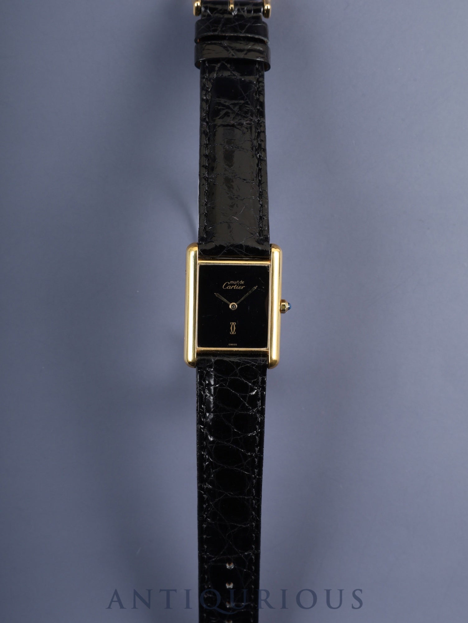 Cartier Must Tank LM 681006 Quartz Caliber 81 SV925 Leather Strap with Genuine GP Buckle, Onyx Dial, Overhauled and Polished to Look Like New