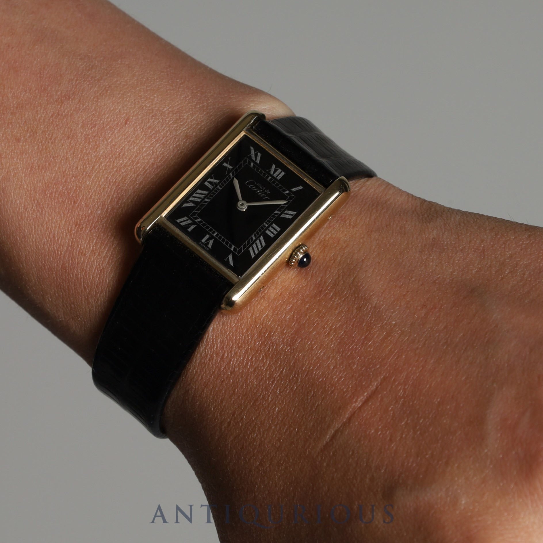 Cartier Must Tank LM Manual winding 19749 o/w Cal.78-1 SV925 Leather Genuine buckle (GP) Black Roman dial Box Warranty (1980)