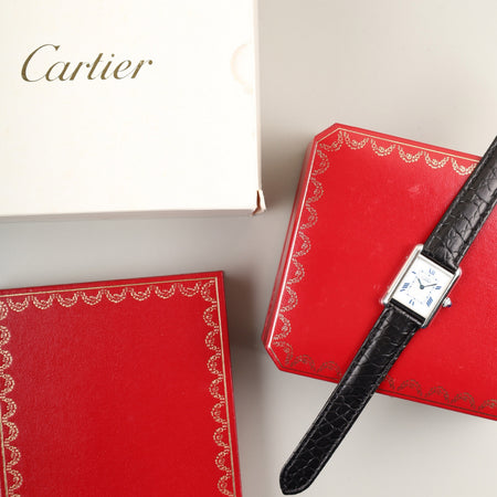 カルティエ マストタンク MM W1014054 / 2416 クォーツ Cal.057 SV925 革 純正Dバックル（SS） ホワイト飛びローマンCC文字盤（SWISS MADE表記） 箱 オーバーホール済み