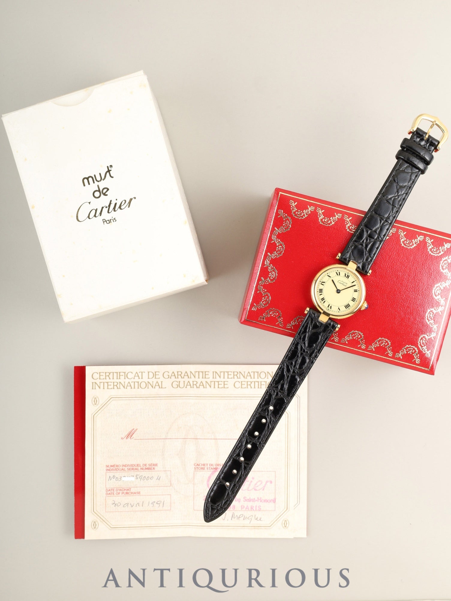 カルティエ マスト ヴァンドーム VLC SM 590004 クォーツ Cal.90 SV925 革 純正ピンバックル（GP）アイボリーローマン文字盤 箱 タグ 冊子 保証書（1991年）オーバーホール済み