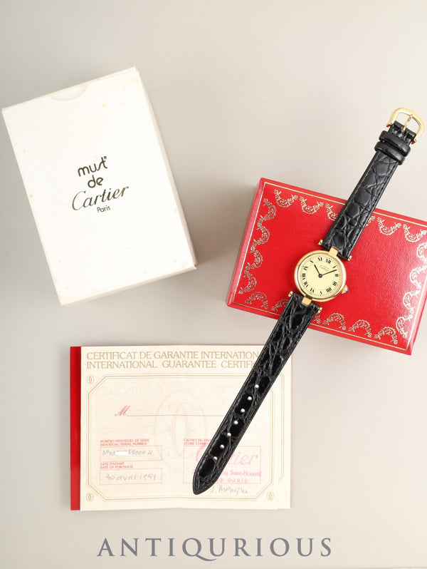 カルティエ マスト ヴァンドーム VLC SM 590004 クォーツ Cal.90 SV925 革 純正ピンバックル（GP）アイボリーローマン文字盤（SWISS表記） 箱 タグ 冊子 保証書（1991年）オーバーホール済み