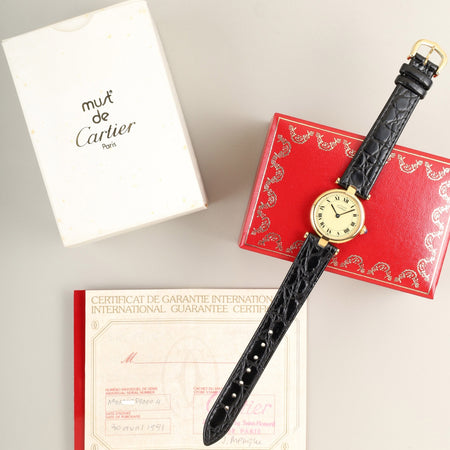 カルティエ マスト ヴァンドーム VLC SM 590004 クォーツ Cal.90 SV925 革 純正ピンバックル（GP）アイボリーローマン文字盤 箱 タグ 冊子 保証書（1991年）オーバーホール済み