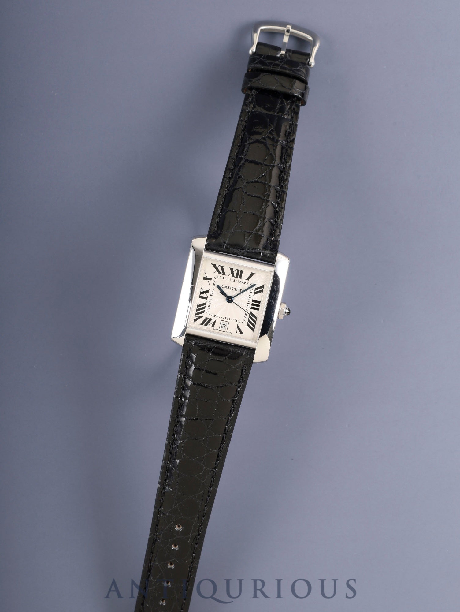Cartier Tank Française LM W50011S3 / 2366 Automatic Cal.- 750WG Leather Original pin buckle (SS) Silver guilloché Roman numerals Overhauled