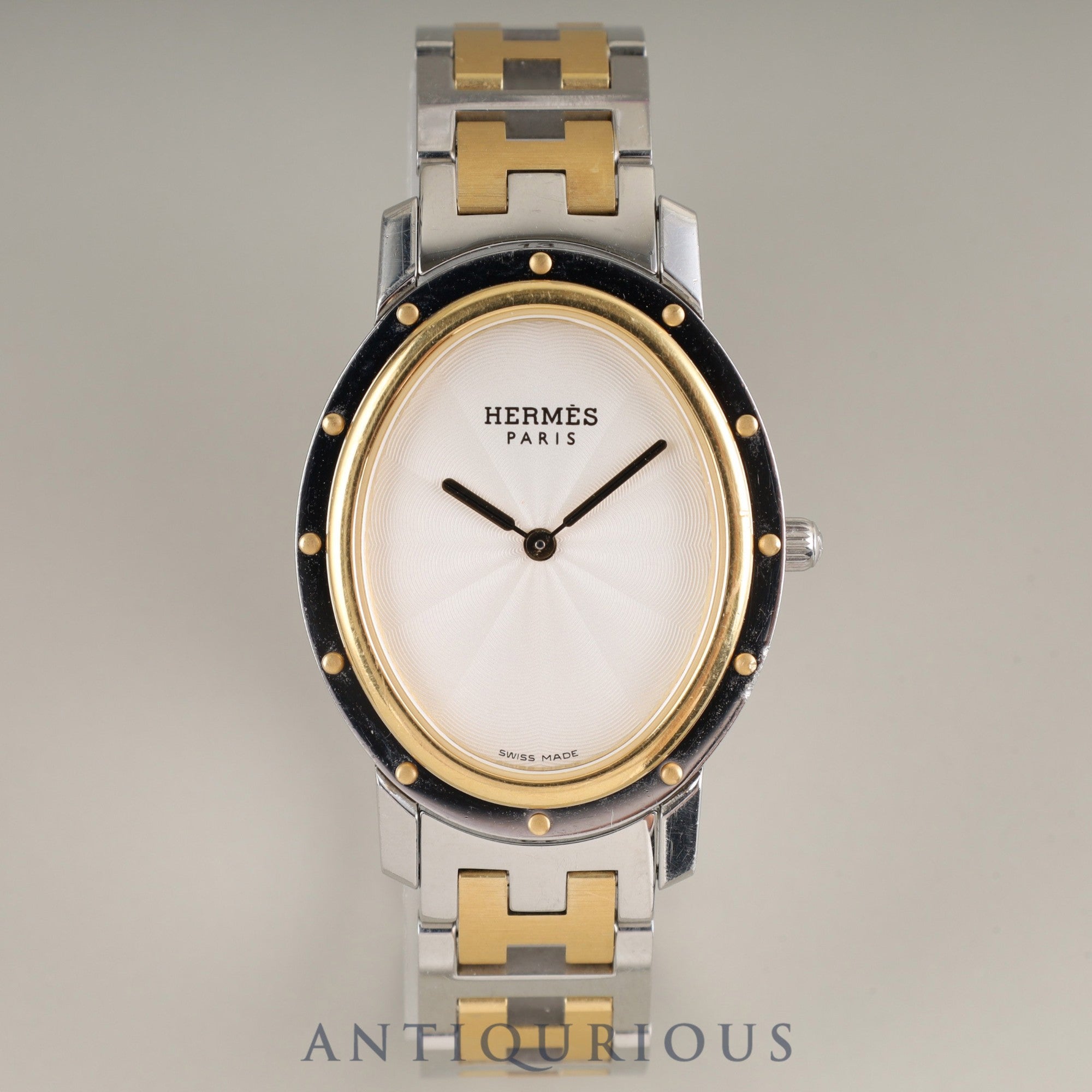 Hermes Clipper Oval CO1.520.220 / 3280 Quartz Cal.976.001 SS/GP White guilloche dial Box Warranty (2008) Overhauled