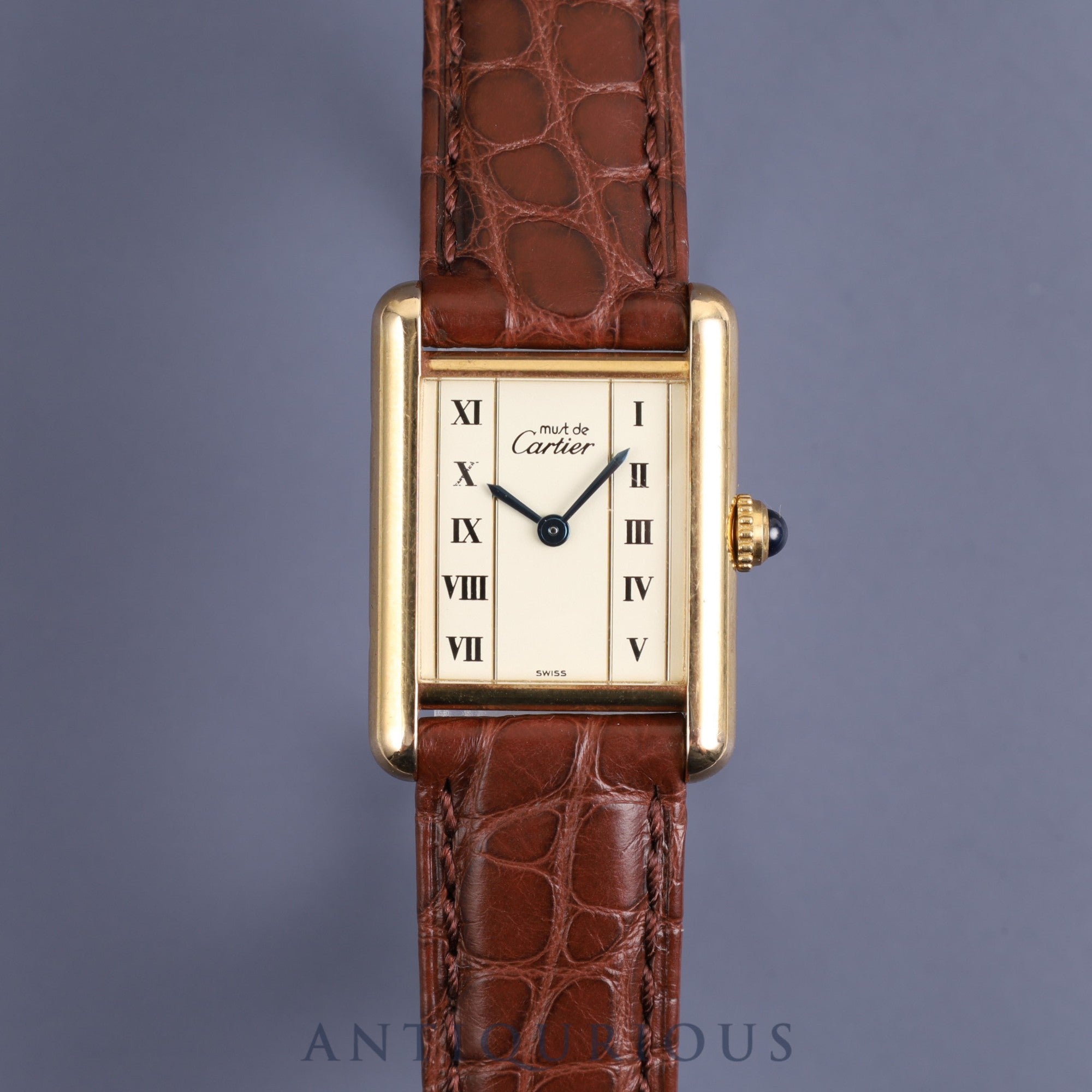 Cartier Must Tank SM1613 Quartz Cal.057 SV925 Leather Genuine Buckle (GP) Straight Roman Dial Overhauled