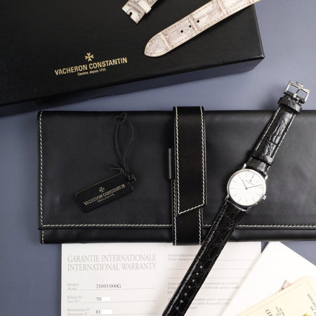 ヴァシュロン・コンスタンタン パトリモニー 33093/000G-0936 手巻き Cal.1003/2 750WG 革 純正ピンバックル（750WG）ホワイト文字盤 箱 ケース 冊子 タグ 保証書（2002年）修理完了紙（無記載）JEAN ROUSSEAU製革ベルト オーバーホール済み