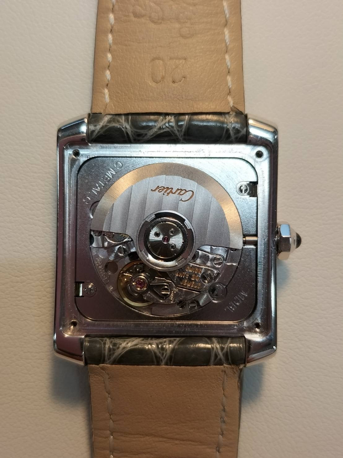Cartier Tank Française LM W50011S3 / 2366 Automatic Cal.- 750WG Leather Original pin buckle (SS) Silver guilloché Roman numerals Overhauled