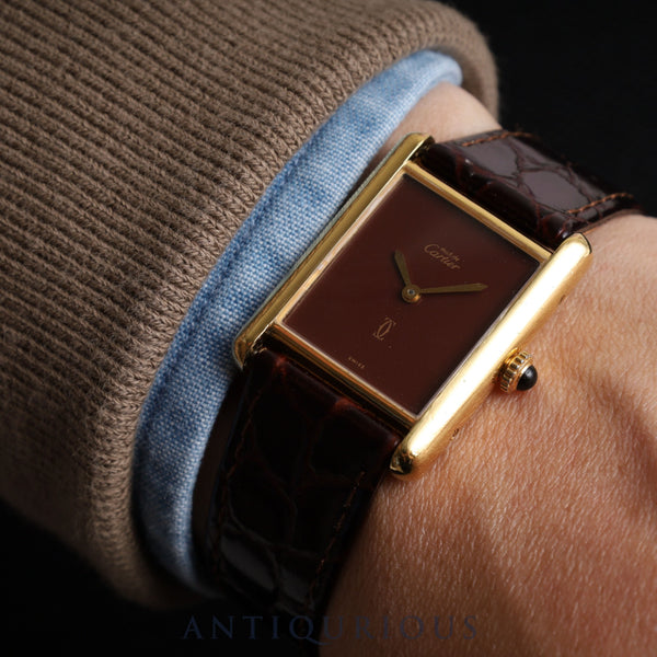 カルティエ マストタンク LM 手巻き SV925 革 純正尾錠（GP）ガーネットダイアル ボルドー文字盤 オーバーホール済み 新品仕上げ済み