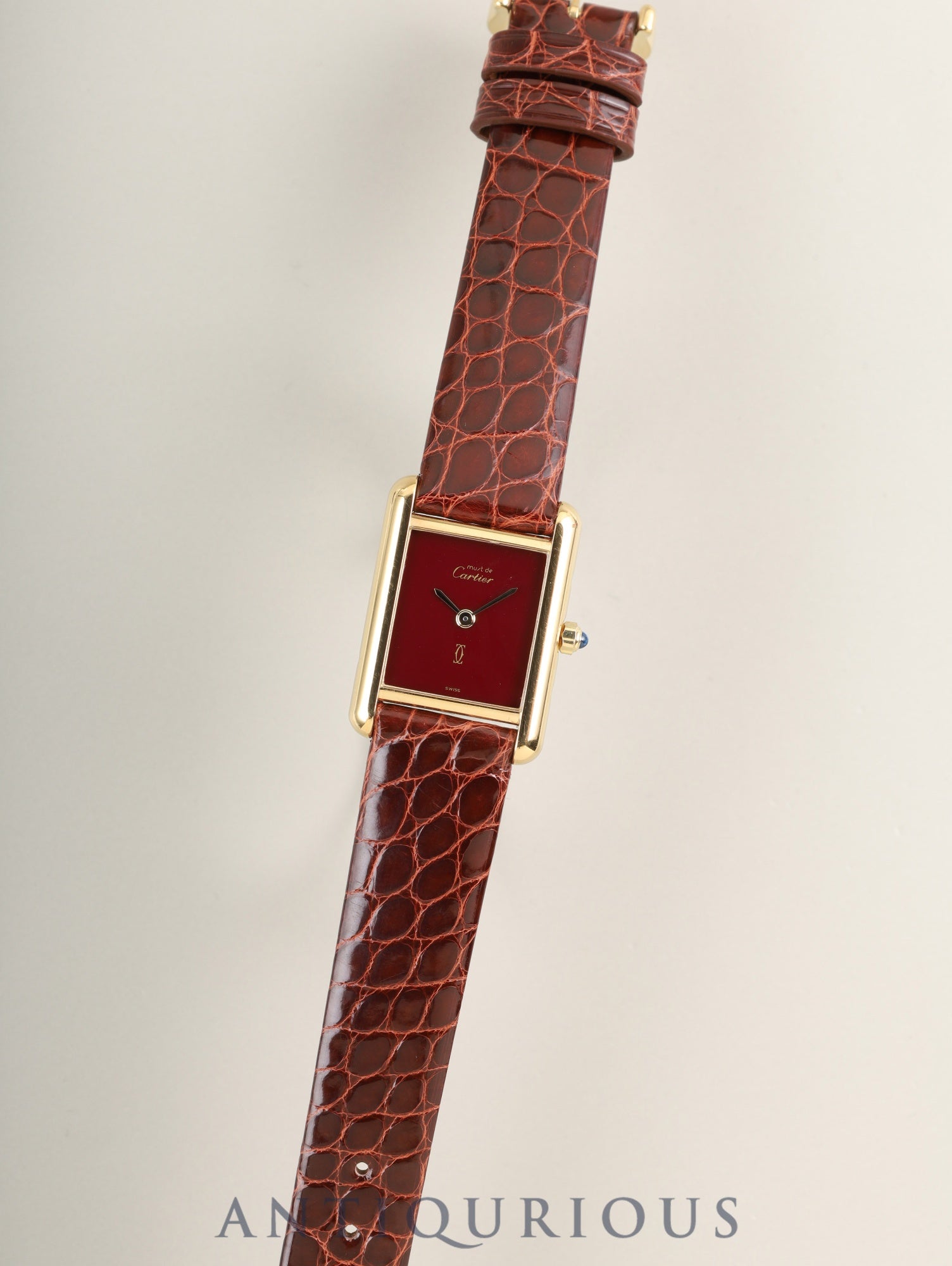 カルティエ マストタンク SM 366001 クォーツ SV925 革 純正ピンバックル（GP）ガーネットダイアル・ボルドー文字盤（SWISS表記）カルティエブティックにてコンプリートサービス（フルメンテナンス）済み