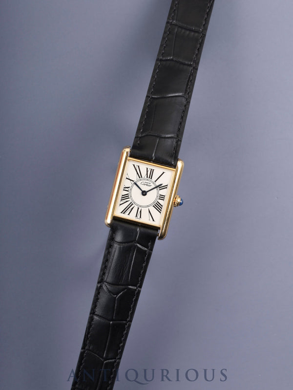 Cartier Must Tank LM W1005654/590005 Quartz Caliber 690 SV925 Leather Watch with Genuine D-buckle (GP) Opalescent Dial Box Warranty Card (1994) Booklet Overhauled