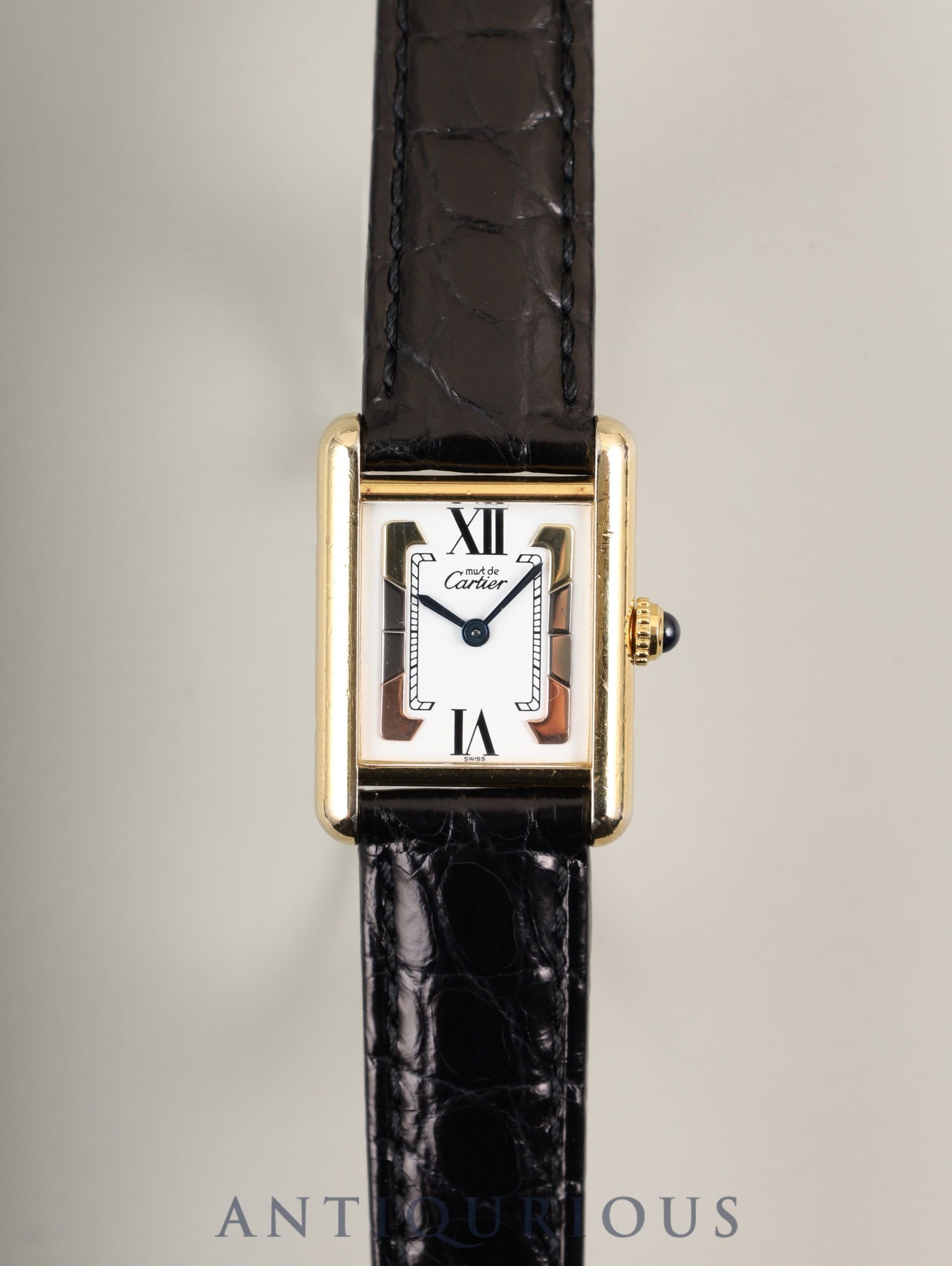 Cartier Must Tank SM 1613 Quartz Caliber 057 SV925 Leather Strap with Genuine D-Buckle (GP) Side Trinity Dial Circa 1996-1998 Overhauled