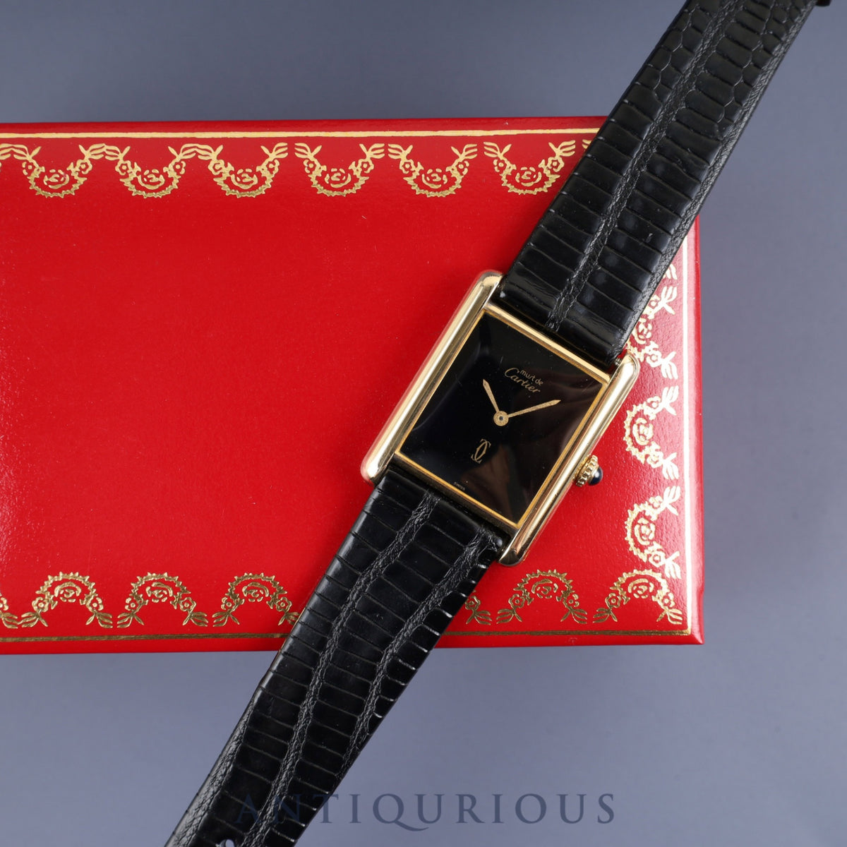 Cartier Must Tank LM Manual Winding Cal. 78-1 SV925 Leather Strap Genuine Buckle (GP) Onyx Dial Box Overhauled