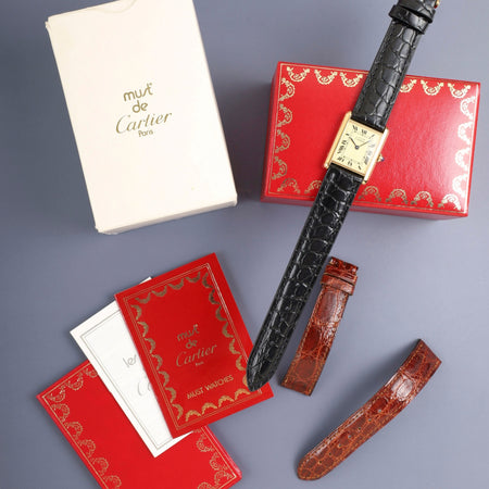 カルティエ マストタンク LM 590005 クォーツ Cal.690 SV925 革 純正ピンバックル（GP）アイボリーローマン文字盤（SWISS表記）箱 冊子