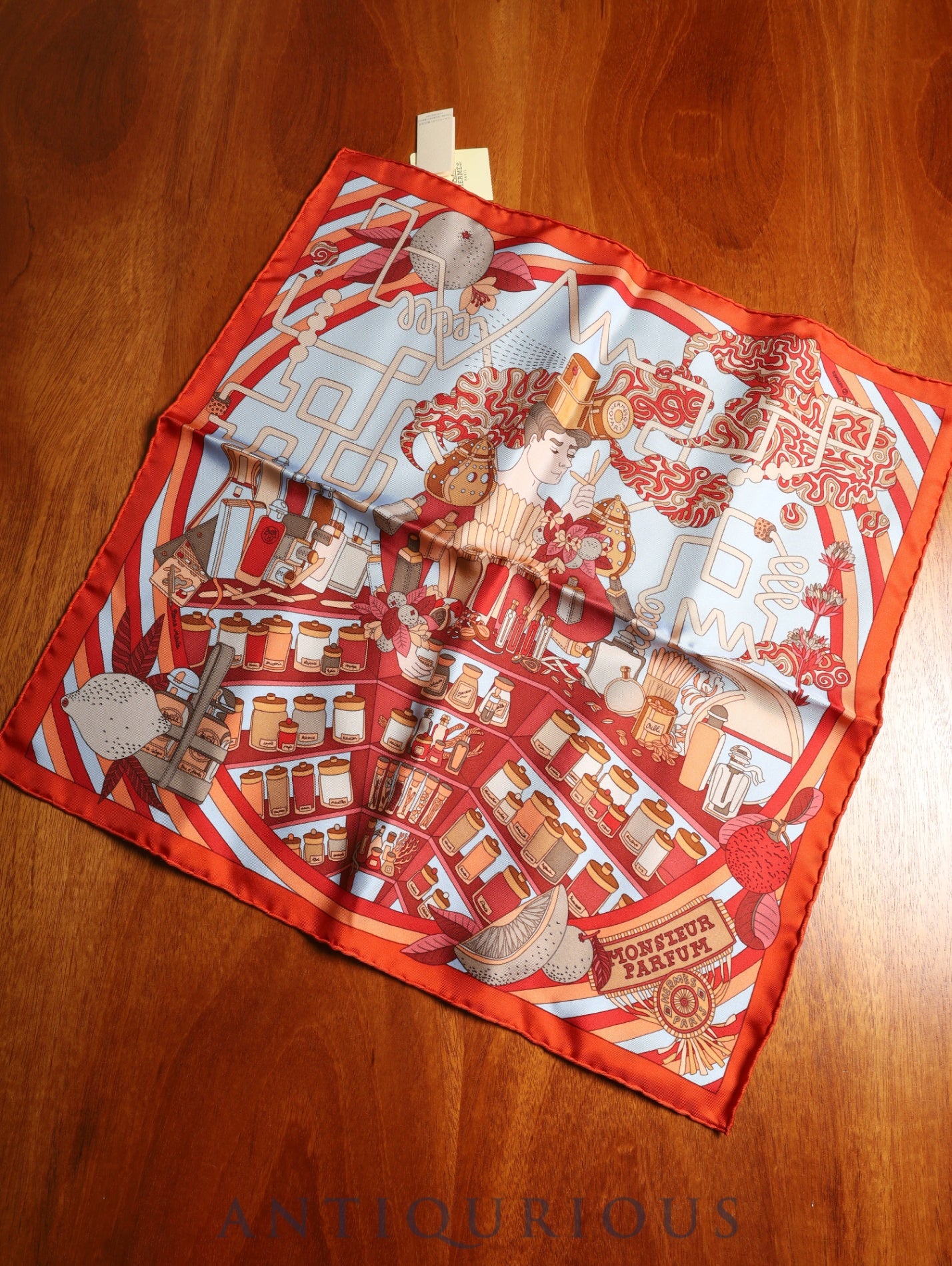 エルメス スカーフ カレ45 MONSIEUR PARFUM ルージュブリック SILK100% 箱 紙タグ