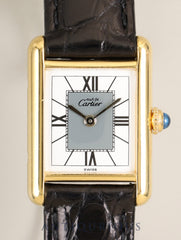 Cartier Must Tank SM 5057001 Quartz SV925 Leather Genuine D-Buckle (GP) Center Gray Jumping Roman Dial (SWISS Marking) Overhauled and Refurbished to Like-New Condition