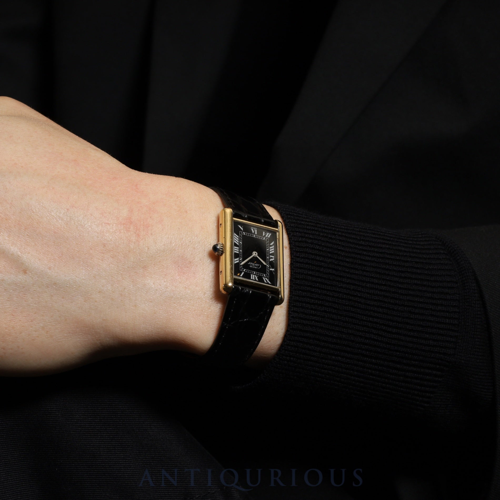 Cartier Must Tank LM Manual Winding Cal. 78-1 SV925 Leather Genuine Buckle (GP) Black Roman Dial Warranty Overhauled