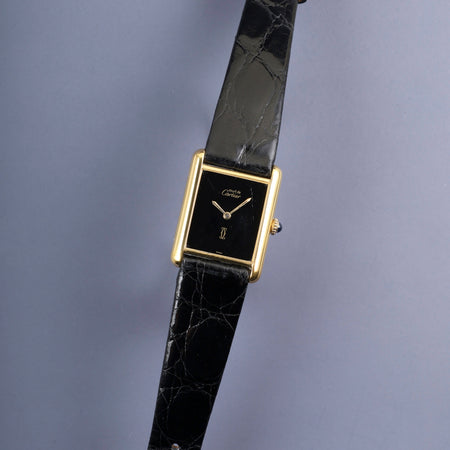 カルティエ マストタンク LM 手巻き SV925 革 純正尾錠（GP）オニキス文字盤（SWISS表記） オーバーホール済み 新品仕上げ済み