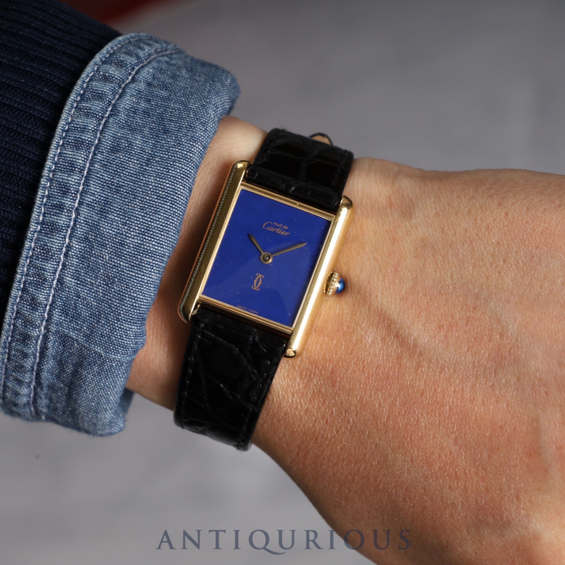 CARTIER Must Tank LM Manual winding SV925 Leather Genuine buckle Lapis lazuli dial Cartier boutique complete service