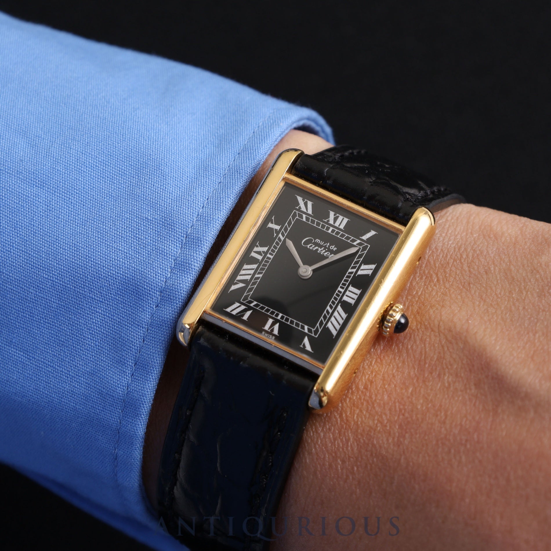 CARTIER カルティエ MUST TANK LM マストタンク LM 手巻き Cal.78-1 SV925 革 純正尾錠（GP）ブラックローマン文字盤 オーバーホール済み