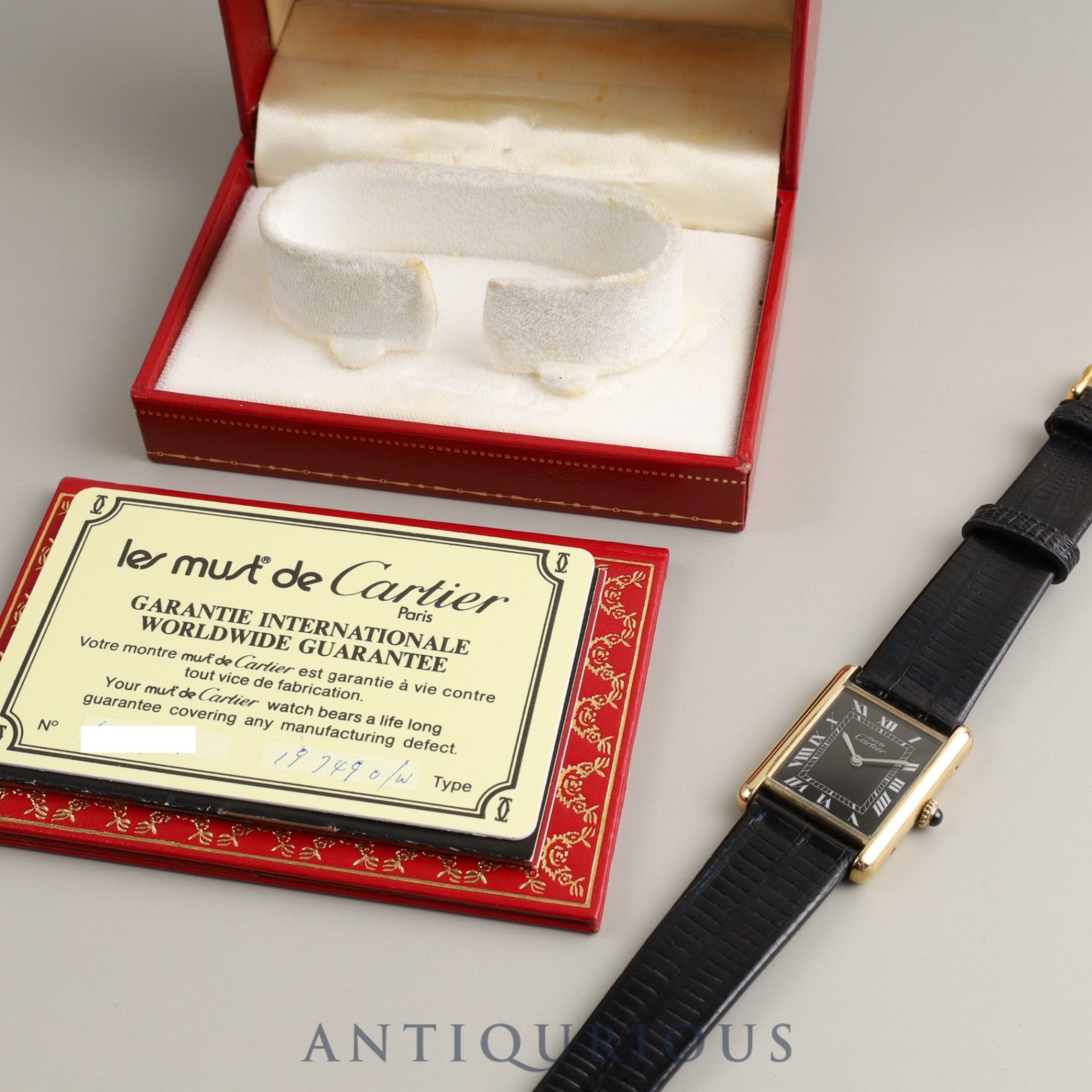 CARTIER Must Tank LM Manual winding 19749 o/w Cal.78-1 SV925 Leather Genuine buckle (GP) Black Roman dial Box Warranty (1980)