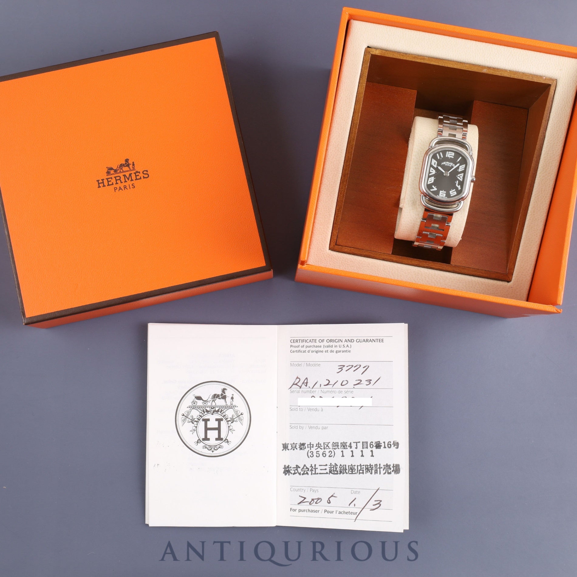 Hermes Rally RA1.210 Quartz Cal.976.001 SS Grey Dial Warranty (2005) Box Overhauled