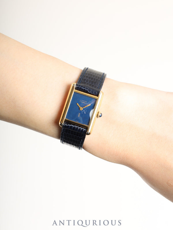 カルティエ マストタンク SM 手巻き SV925 革 純正尾錠（GP）ラピスラズリ文字盤（SWISS表記） 箱 冊子 保証書（1981年） オーバーホール済み