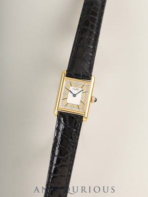 Cartier Must Tank SM Limited Edition 500 Pieces 1615 Quartz Caliber 057 SV925 Leather Strap with Genuine D-Clasp (GP) Gold Sector Dial (SWISS Marking) Overhauled and Finished to Look Like New