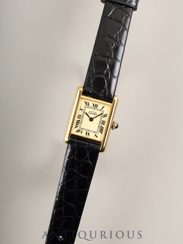 Cartier Must Tank SM Manual Winding Caliber 90 SV925 Leather Strap with Genuine GP Buckle Ivory Roman Dial Overhauled