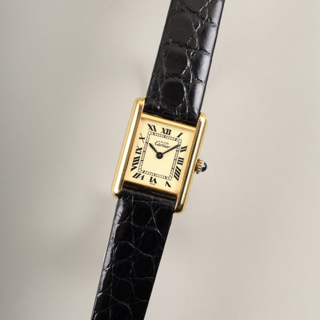 カルティエ マストタンク SM 手巻き Cal.90 SV925 革 純正尾錠（GP）アイボリーローマン文字盤 オーバーホール済み