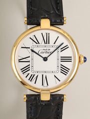 Cartier Must Vendôme VLC LM W1005454 / 590003 Quartz Cal.90, Sterling Silver (SV925), leather strap with original gold-plated (GP) deployant buckle, Opaline dial (SWISS signed), overhauled.