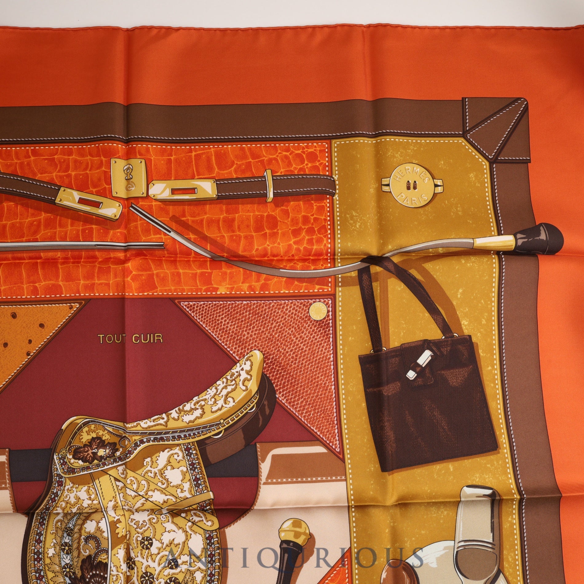 Hermes Scarf Carre 90 TOUT CUIR All leather Brown x Orange 100% SILK Case