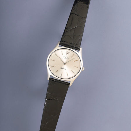 Rolex Cellini 3806 Manual Winding Caliber 1600 750WG Leather Strap with Genuine Stainless Steel Buckle Silver Dial No. 31 (1970) Overhauled