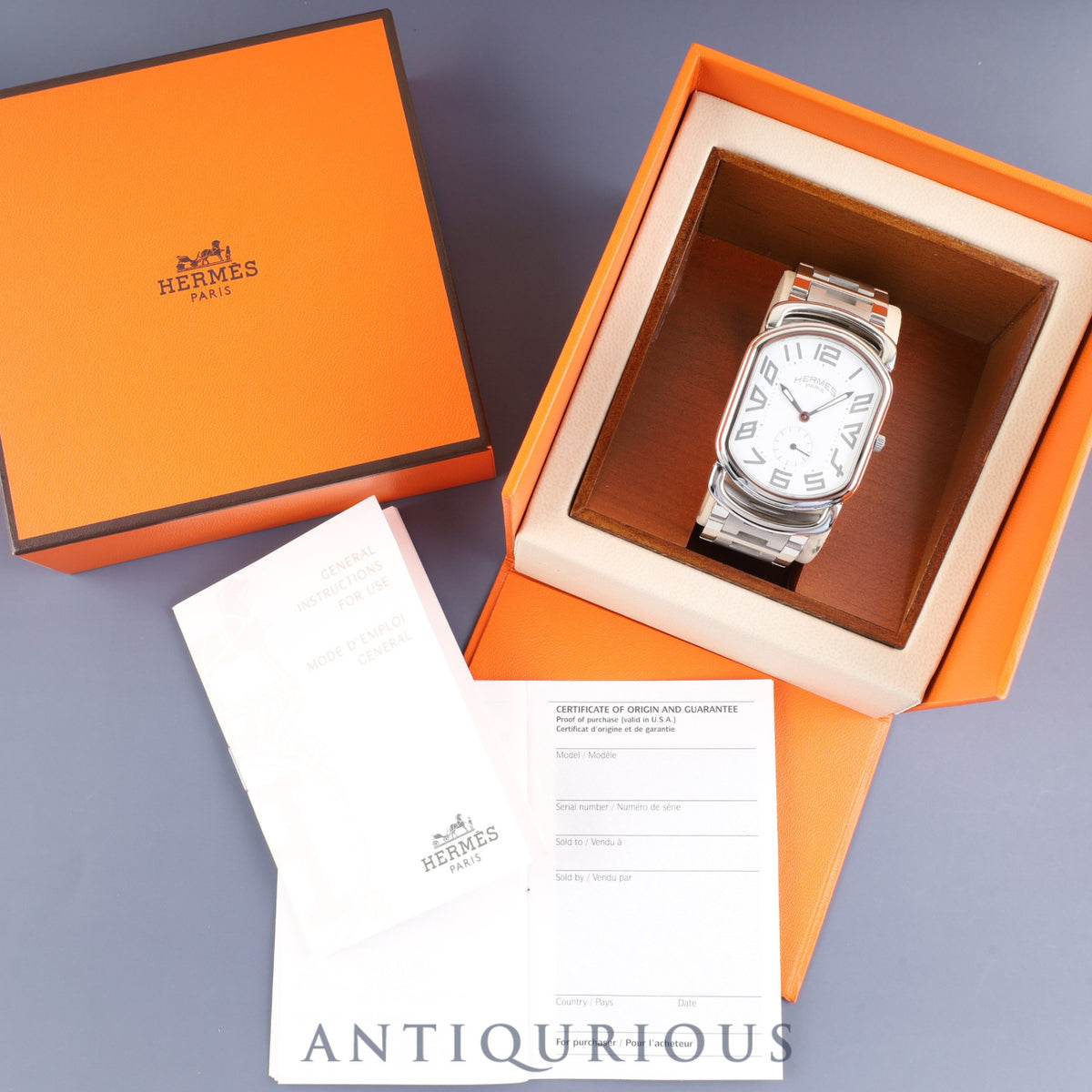 Hermes Rallye RA1.810 Quartz Cal.980.163 Stainless Steel White Dial Box Warranty Card Overhauled