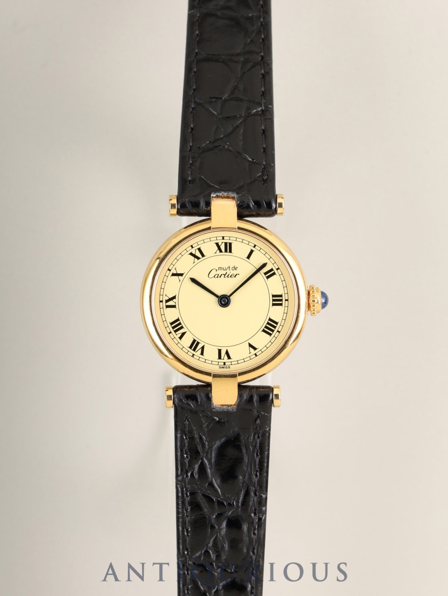 カルティエ マスト ヴァンドーム VLC SM 590004 クォーツ Cal.90 SV925 革 純正ピンバックル（GP）アイボリーローマン文字盤 箱 タグ 冊子 保証書（1991年）オーバーホール済み