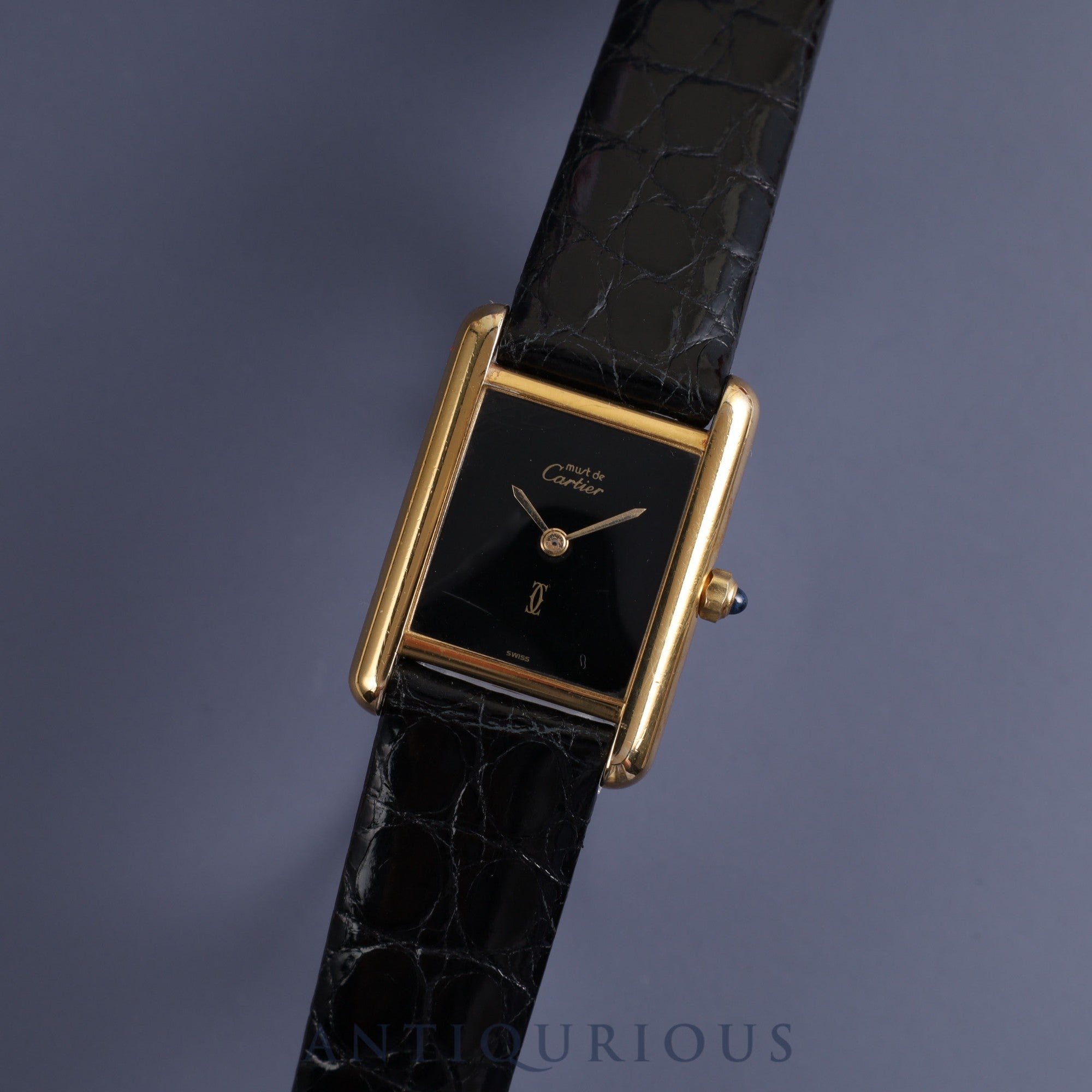 Cartier Must Tank SM QZ 3 66001 925 Leather Genuine Buckle (GP) Black Onyx Dial Box Warranty (1986) Overhauled