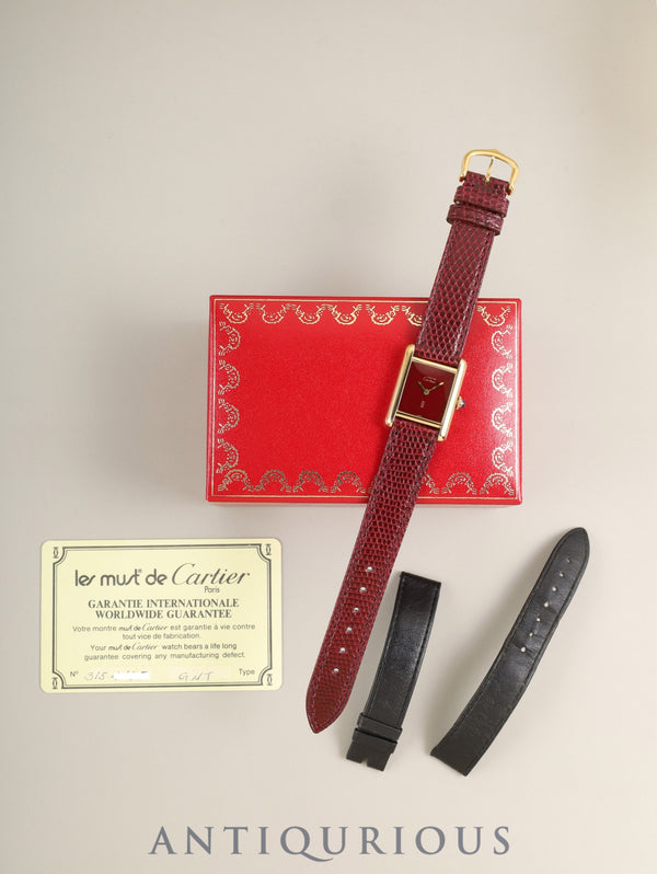 Cartier Must Tank SM Hand-wound Cal.78-1 SV925 Leather Genuine Pin Buckle (GP) Garnet Dial Bordeaux Dial (SWISS marking) Box Manual Warranty (1981 / one digit serial difference) with genuine leather strap, overhauled
