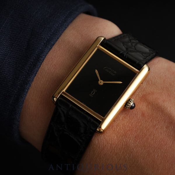 Cartier Must Tank LM Manual Winding Caliber 78-1 SV925 Leather Strap with Genuine GP Buckle, Black Onyx Dial, Overhauled