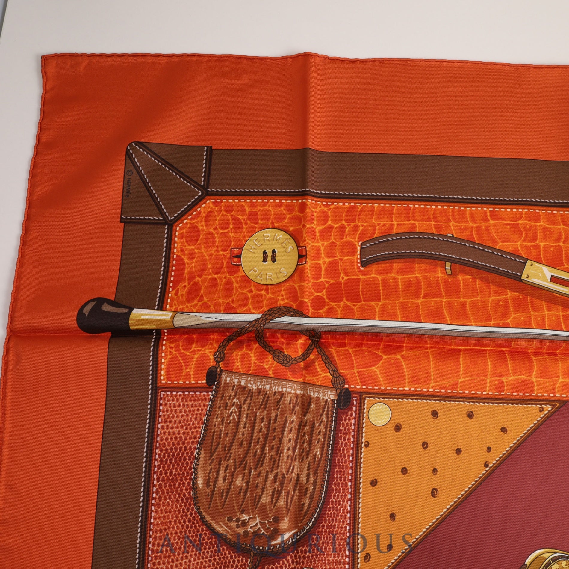 Hermes Scarf Carre 90 TOUT CUIR All leather Brown x Orange 100% SILK Case