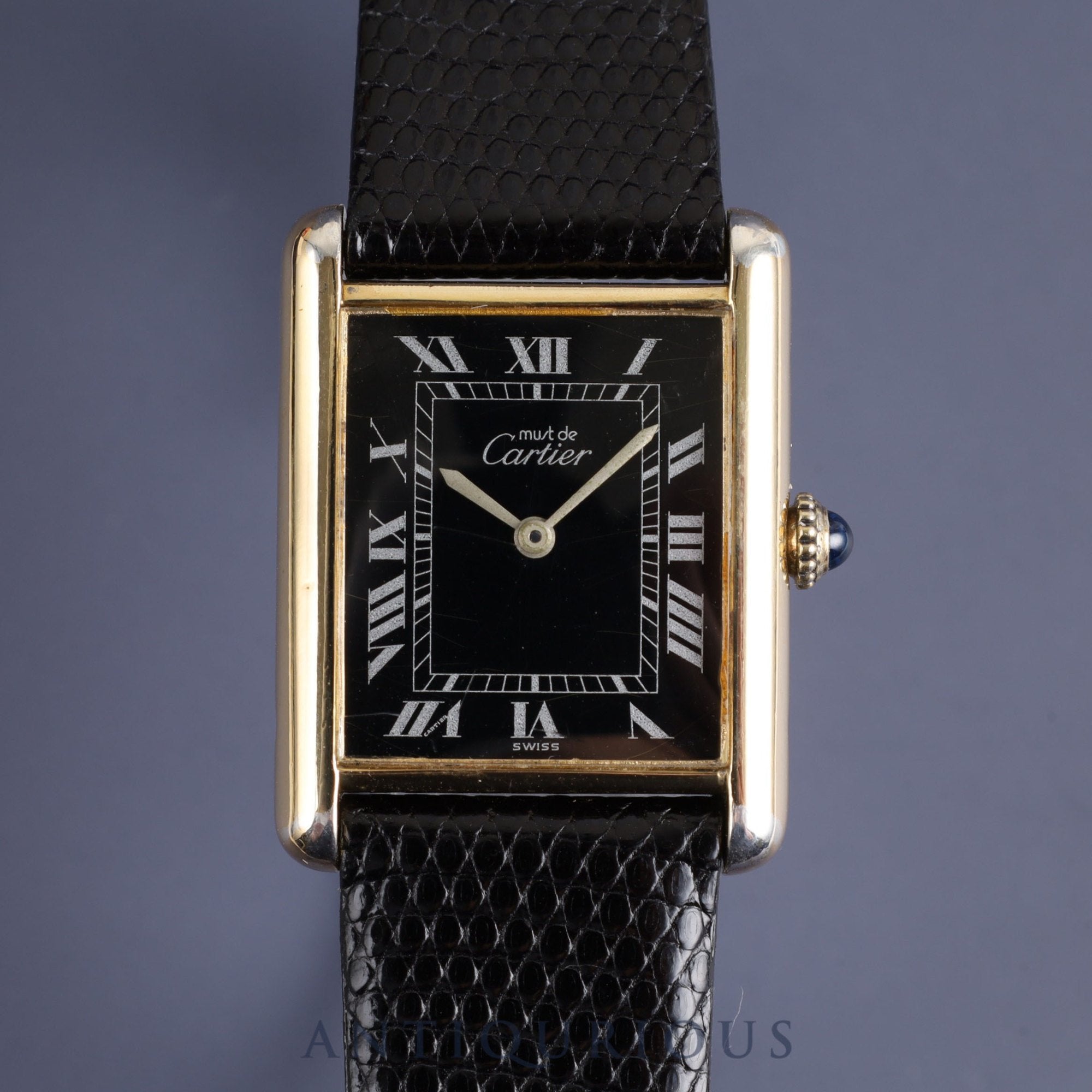 Cartier Must Tank LM 81974913 Manual winding Cal.78-1 SV925 Leather Genuine buckle (GP) Black Roman dial Box Warranty (1979, personal name included) Overhauled