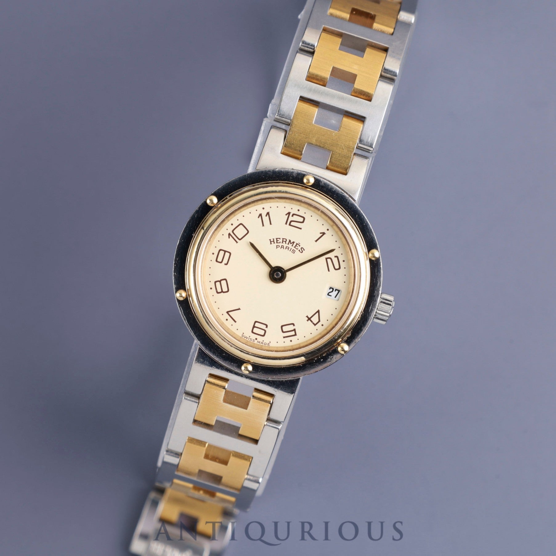 Hermes Clipper Quartz SS/GP Champagne Arabic Dial Overhauled