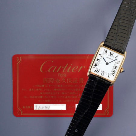 カルティエ タンク アロンディ タンク エリプス LM 81722553 / 96041 手巻き Cal.21（フレデリック・ピゲ）750YG 革 純正尾錠（GP） ホワイトローマン文字盤（PARIS表記） 国際永久保証書（1983年） オーバーホール済み