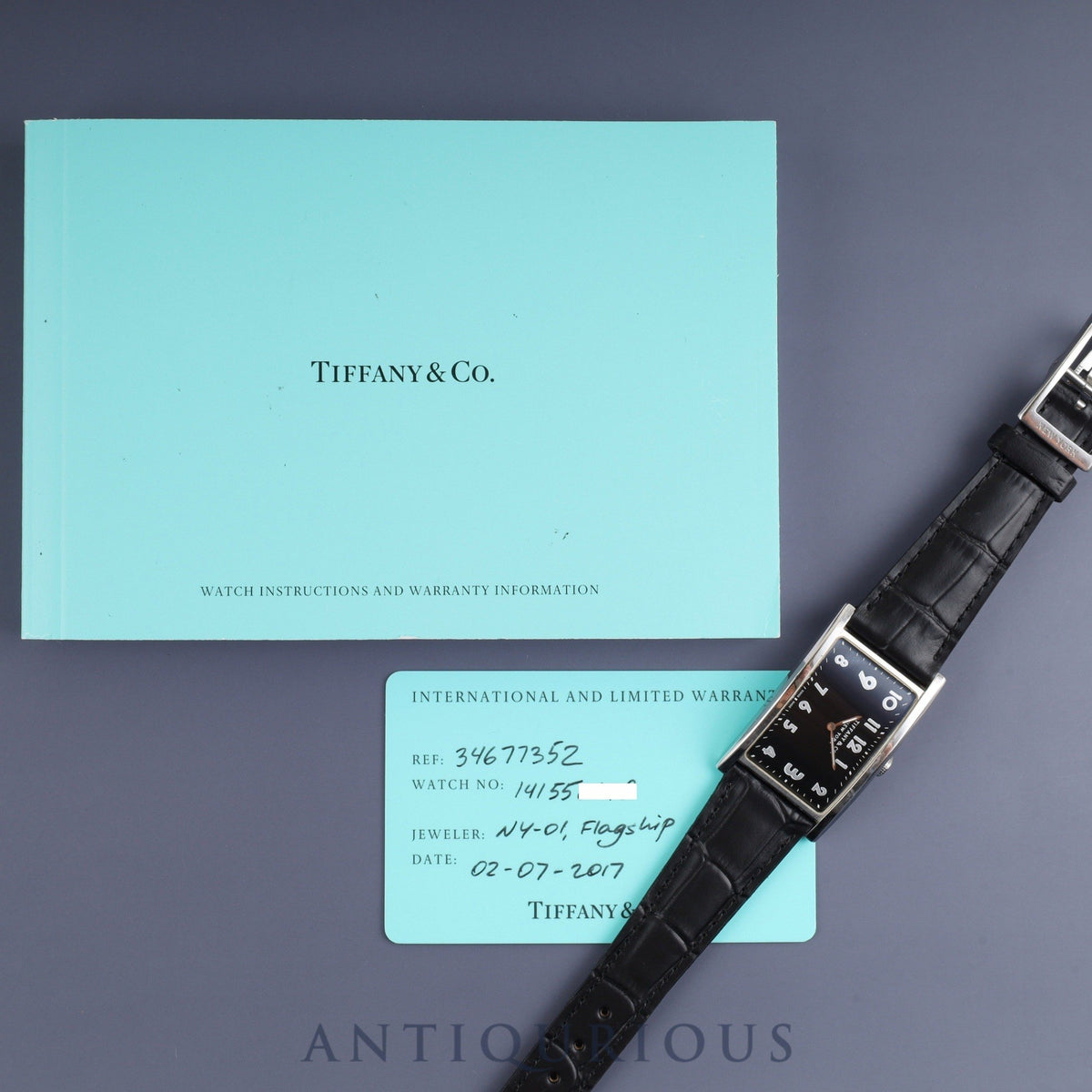 Tiffany East West 34677352 Quartz Stainless Steel Leather Watch with Genuine Buckle (Stainless Steel) Black Arabic Dial Warranty (2017) Booklet Overhauled
