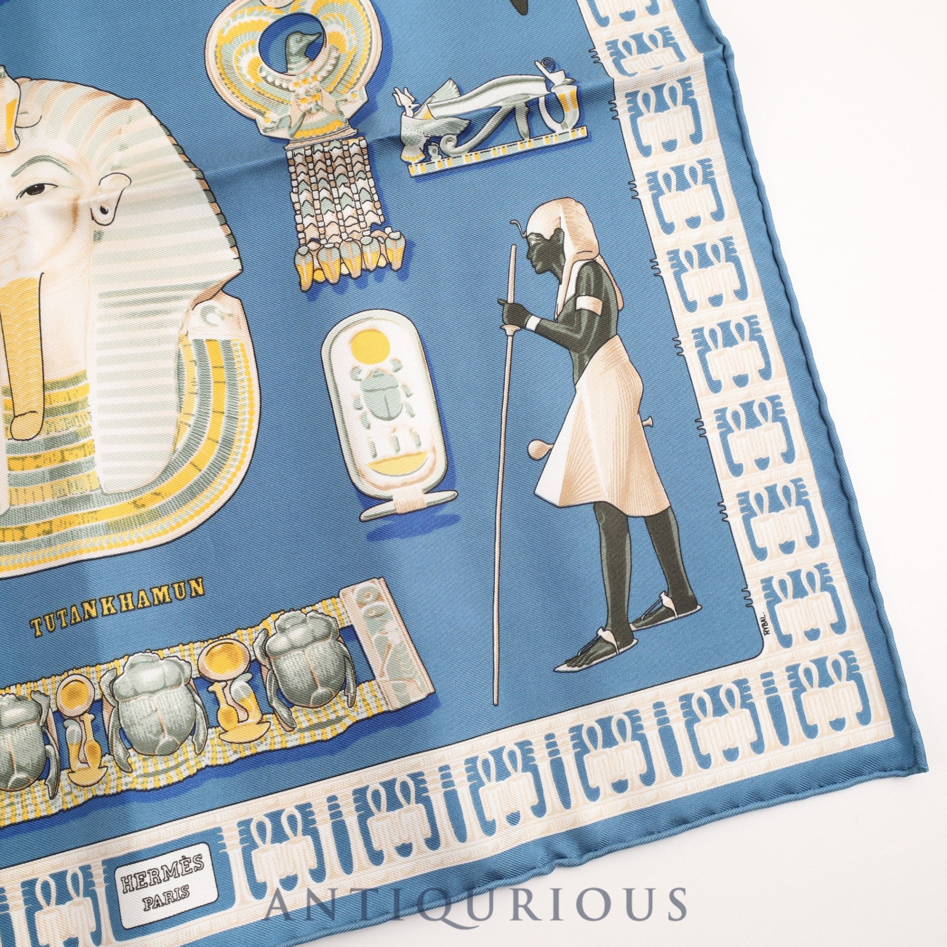 HERMES エルメス スカーフ CARRES45 カレ45 TUTANKHAMUN ツタンカーメン シルク ブルー  箱