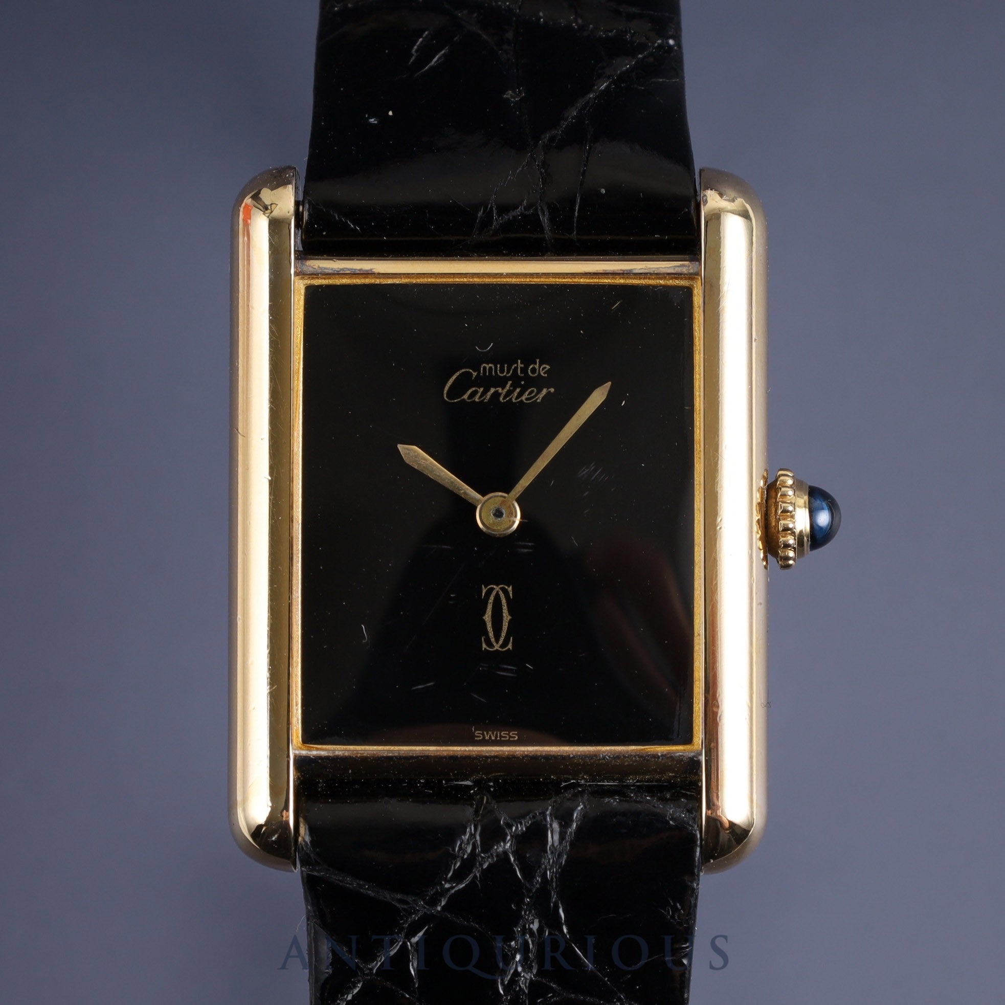 Cartier Must Tank LM Manual winding Cal.78-1 SV925 Leather Genuine buckle (GP) Onyx dial Overhauled